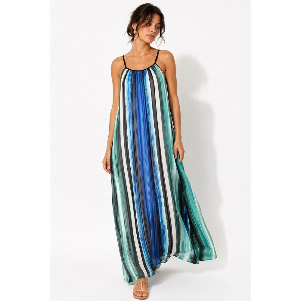 Chetta B Watercolor Stripe Maxi Dress Size 12 Blue Aqua Sleeveless Lined Resort